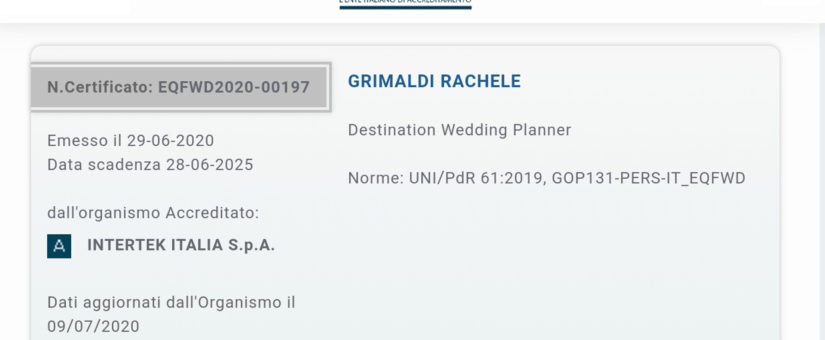 Certificazione Destination wedding planner e Wedding planner .
